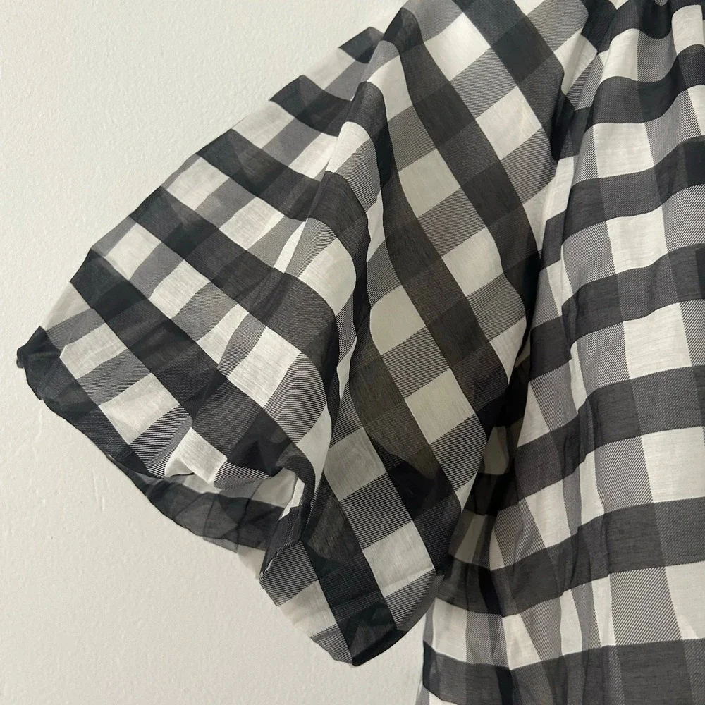 Madewell Women's Gingham Buffalo Plaid Bubble Sleeve Top Silk Blend 12 New